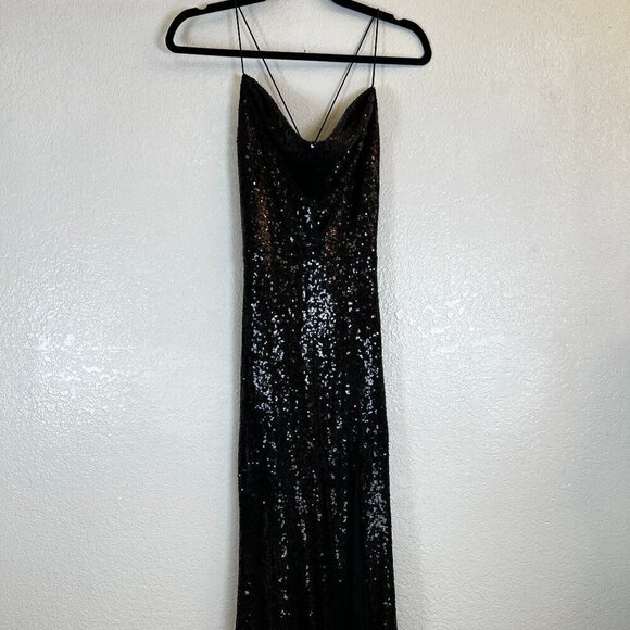 Windsor long Black Sequin Formal Dress Strappy Low Back High Slit Size Small - Picture 1 of 11